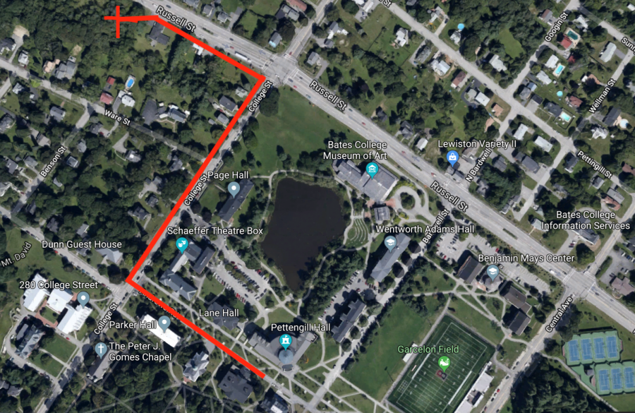 Map of campus and surrounding area showing how to get to the Bates garden on Russel St. 