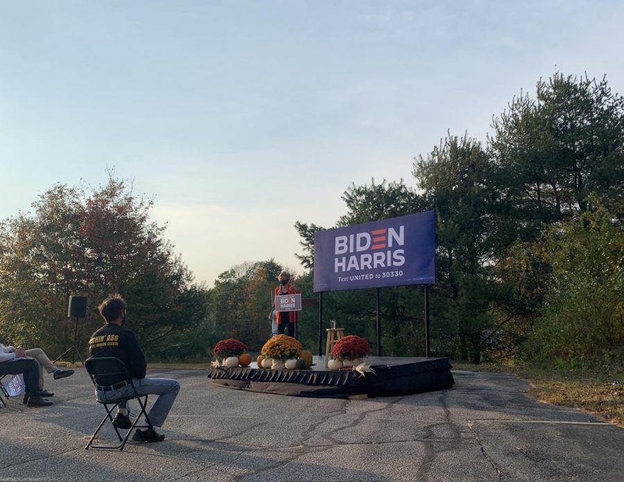 Senator Elizabeth Warren speaks at a rally hosted by Biden for Maine in Lewiston, Maine. 