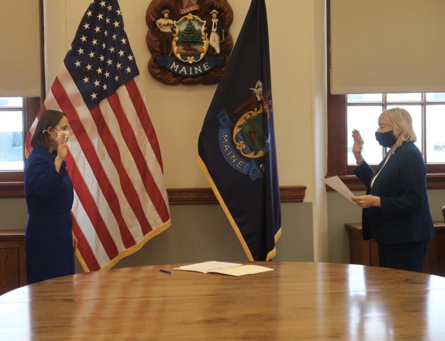 Bellows, left, is Maine’s first female Secretary of State, and was sworn into her first two-year term in this position on Jan. 4 2021. She most recently served as state senator in state senate district 14 and as an executive director of the Holocaust and Human Rights Center of Maine in Augusta.”