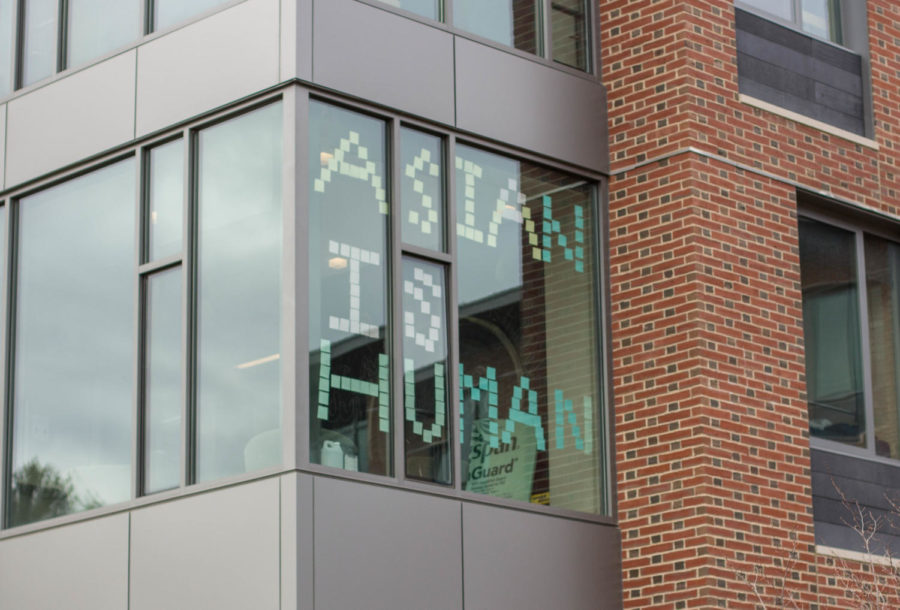 Following the attacks on AAPI-owned massage parlors in Atlanta, a sign consisting of sticky notes reading Asian is Human was installed on the Chu Hall windows.