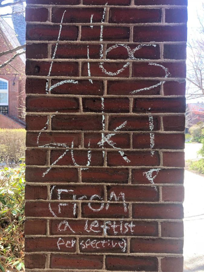 Depicted in this photo is another message written in chalk at Ladd Library arcade. The message reads, “Libs suk! (From a leftist perspective).” Photo taken on April 26.