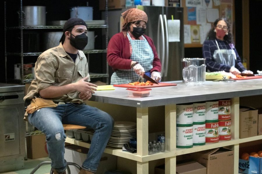 Dawrin Silfa ’21, right, played Oscar, the handsome janitor of the soup kitchen. Perla Figuereo ’21, center, played Shelley, a chef and Emily Diaz ’23, right, played Emma, a college dropout. 