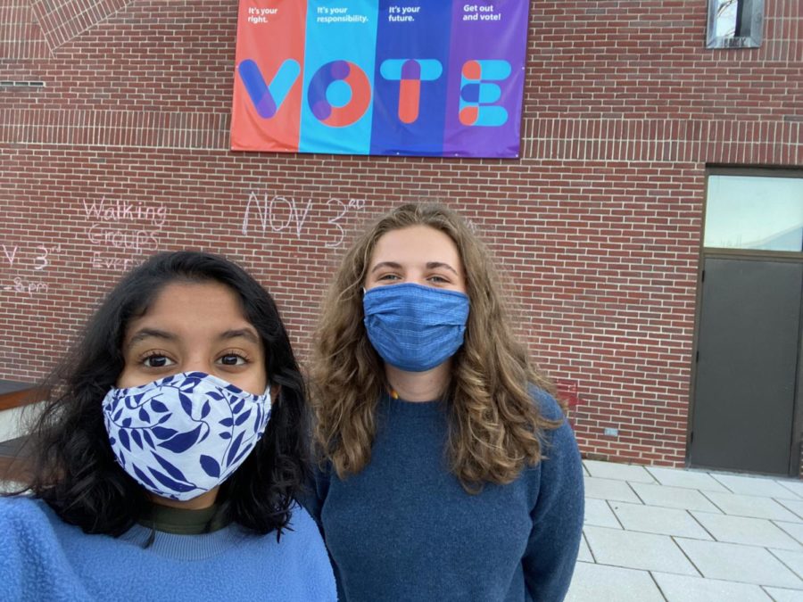 Ashka Jhaveri 22, left, and Amalia Herren-Lage 22 led the Harward Center’s effort to maximize student voting participation through Bates Votes, a non-partisan initiative. Their work resulted in more than 800 new voter registrations among Bates students.