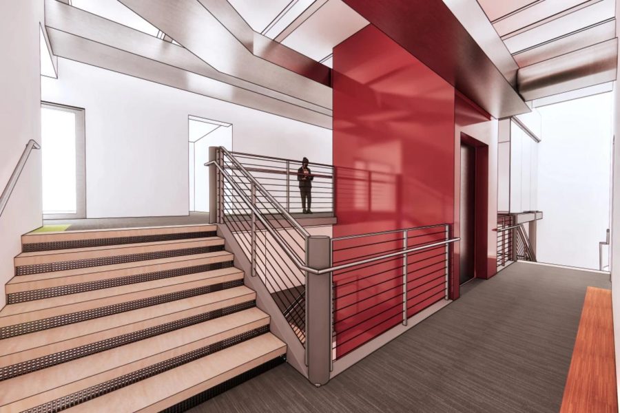 The artist’s rendering of the new stairs and lift design near the Campus Avenue entrance.