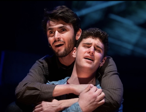 “The Seraph” features two couples, Max Younger ‘22 and Miles Hagerdorn ‘25 (pictured) and Sadie Basila ‘23 and David Walker ‘24, singing counterpoint duets and cradling each other, while fifth cast member Liv Silva ‘22 strummed along on the guitar.