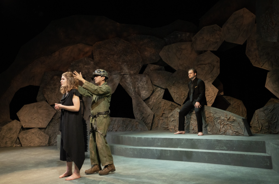 From left to right: Caroline Cassell ‘24 (Antigone), Kush Sharma ‘23 (Nick) and Jacob Dimartini ‘22 (Kreon) star in Bates’s production of “Antigonick,” Anne Carson’s radical translation of the Greek play “Antigone.” Credit: Charlie Gainey/The Bates Student