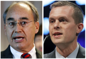 FILE - This combination of file photos shows Bruce Poliquin in 2017, left, and Jared Golden in 2018, right, in Maine. Former Republican U.S. Rep. Bruce Poliquin announced Wednesday, Aug. 4, 2021 that he's going to try to win back his old seat from Democratic Rep. Jared Golden. (AP Photos/Robert F. Bukaty, File)