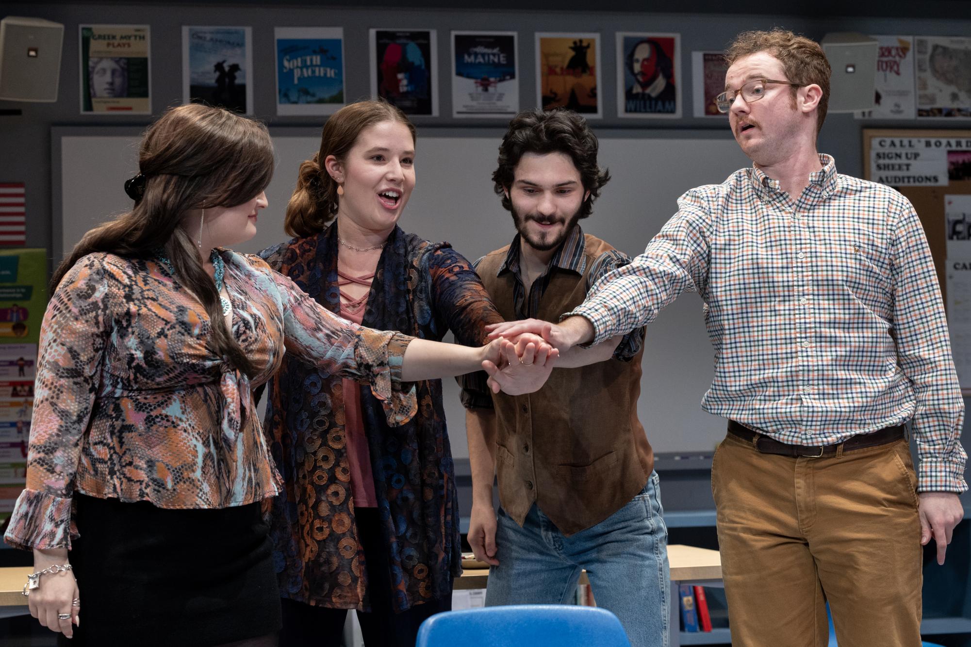 From left to right, Ruby Marden 27, Paige Magid 24, A.J. Matos 26 and David Walker 24 perform in The Thanksgiving Play by Larissa FastHorse, a comedy that satirizes well-meaning progressivism gone wrong. Phyllis Graber Jensen/Bates College.