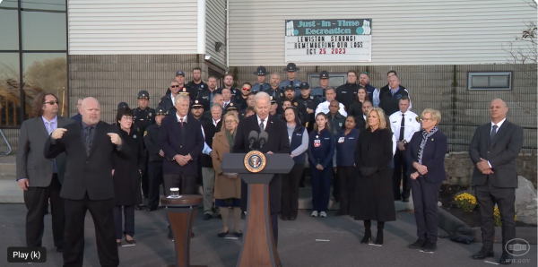 President Joe Biden speaks outside of Just-In-Time Recreation in Lewiston on a Nov. 3 visit to meet with families and mourn with Maine after the states deadliest mass shooting. This image comes from a live-stream of his remarks.