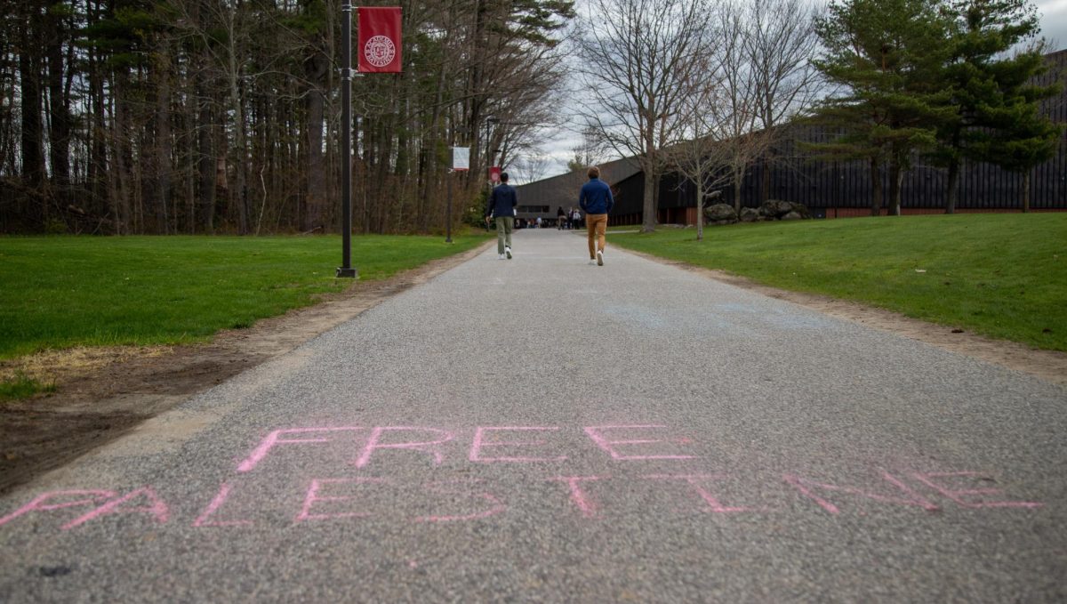 Chalk saying Free Palestine written on the walk to Merrill Gymnasium