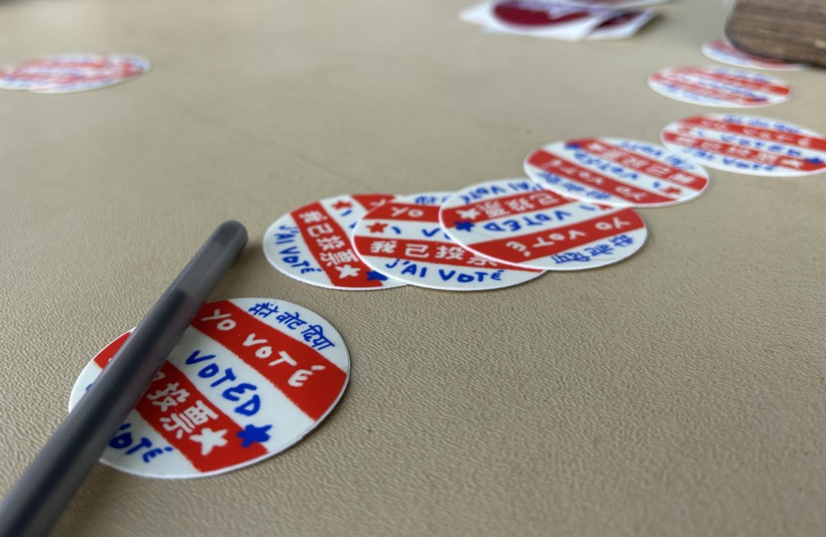 “I Voted” stickers on a Bates Votes table outside Commons on Sept. 17. The 2024 general election features federal and state offices as well as several ballot issues for Mainers.