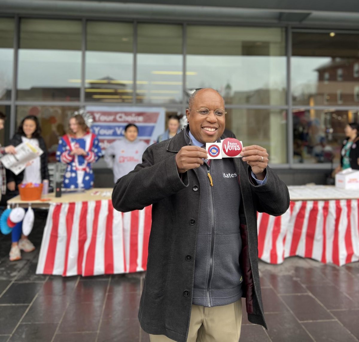 President Garry Jenkins joined Bates Votes for an early morning walk to the Lewiston Armory polls, where students and faculty alike cast their ballots.