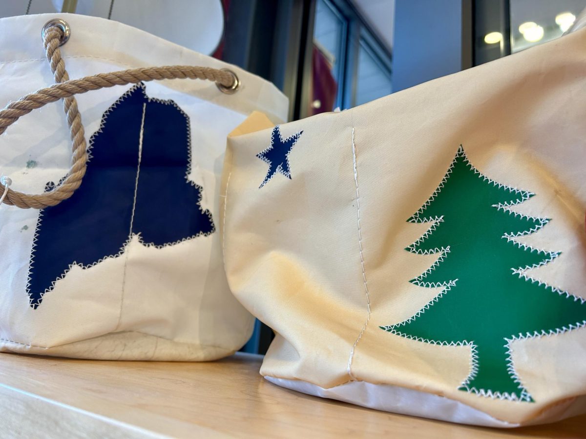 After the Maine Flag Company created a now-famous stylization of the original 1901 Maine flag, it has become synonymous for many with the state. These bags sit in the Bates College Store. Some want to restore Maine's official flag to a version of what was approved in 1901, and Maine voters will decide on this issue on Nov. 5.