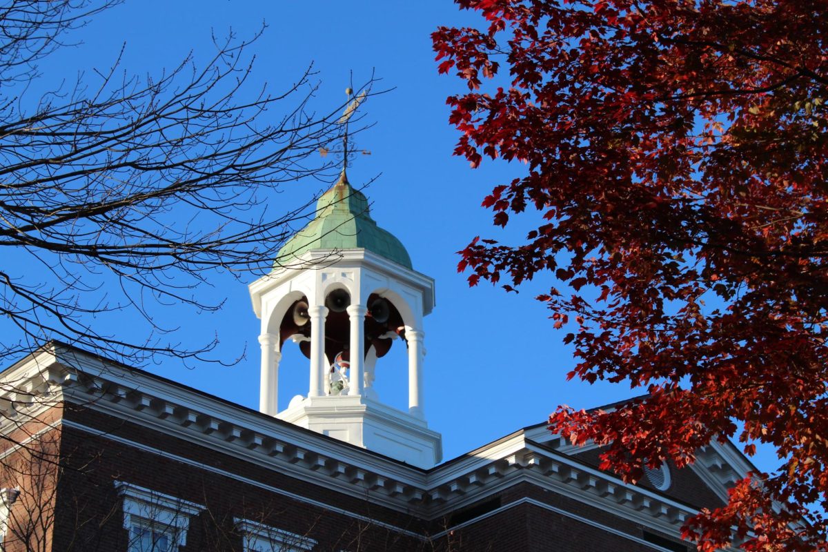 The bell tower of Hathorn Hall on the Bates Historic Quad.