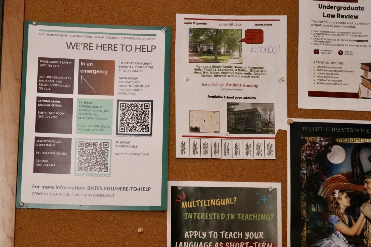 Poster with Title XI information for Bates Students on a bulletin board outside of the Bobcat Den.