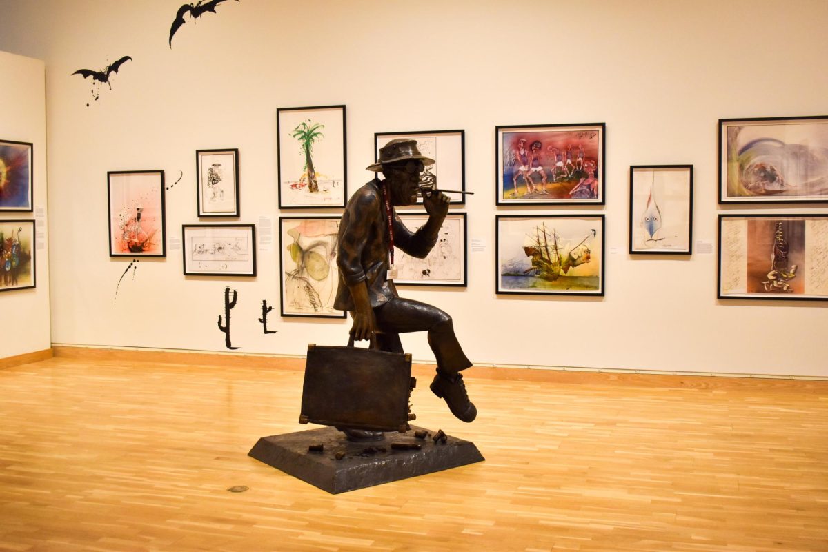 Several of the pieces in Ralph Steadman's exhibit at the Bates College Museum of Art.
