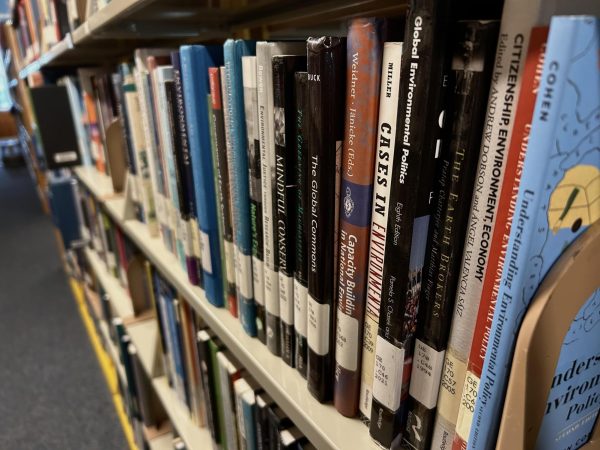 The shelves on the bottom floor of Ladd Library. 