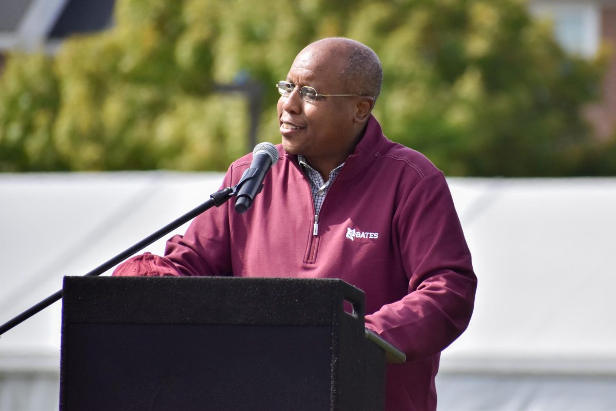 President Garry Jenkins, delivering a speech commemorating 150 years of Bates football as well as the new scoreboard on Garcelon Field during the Bates versus Amherst football game halftime break.