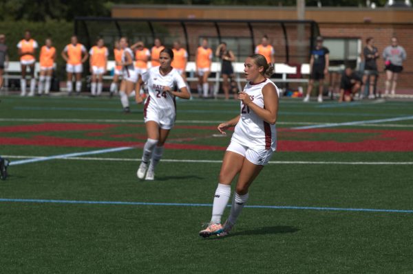 Hannah Ribero '28 (left) and Tess Griffith '26 (right) play in match against UMass Boston on Sept. 13. 