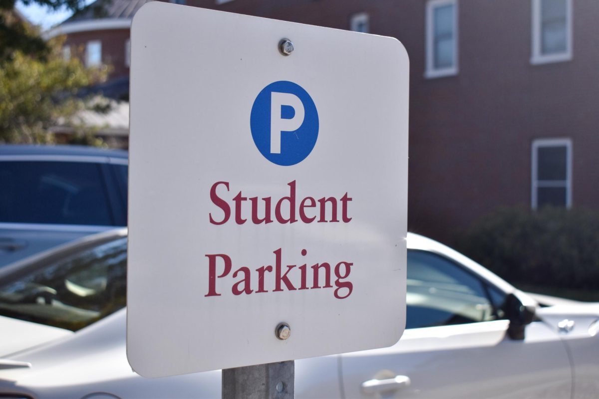 Sign that marks student parking in "The Village" parking lot at Bates College.
