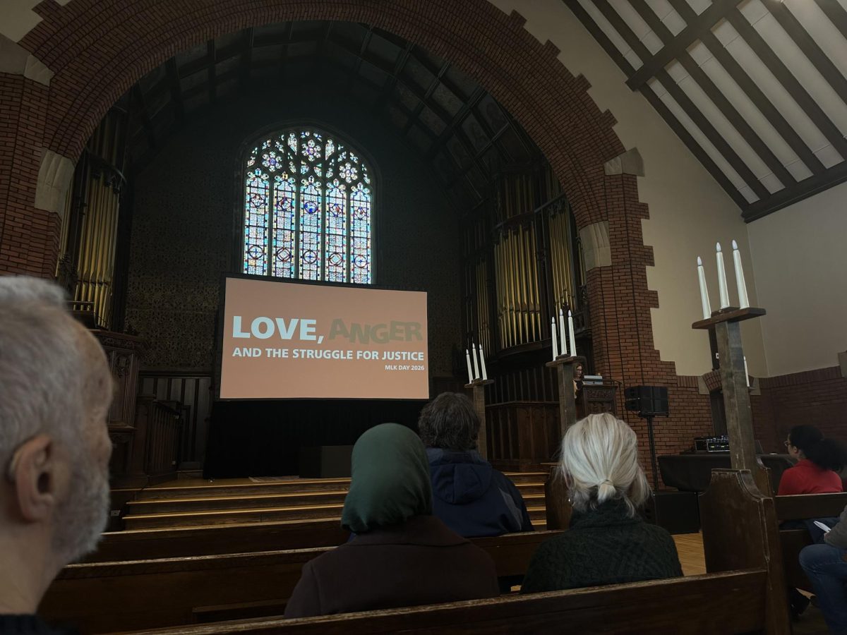 The stage is set at Gomes Chapel as attendees gather for Dr. Myisha Cherry’s Rev. Martin Luther King Jr. Keynote on using fear for good. 