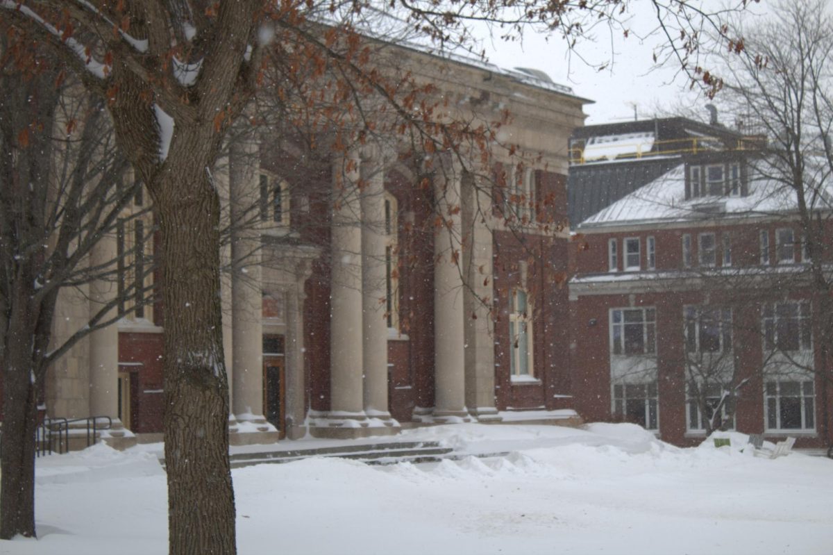 Coram Library and Carnegie Hall from the Quad. 